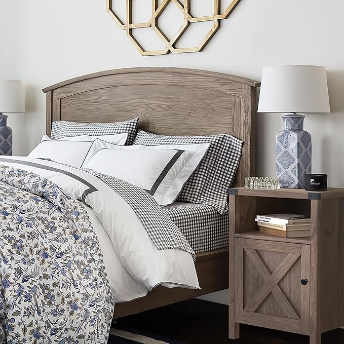 Farmhouse Nightstand, Side Table, End Table with Barn Door and Shelf, Rustic Modern Bed Night Stand for Bedroom, Living Room, Grey Wash