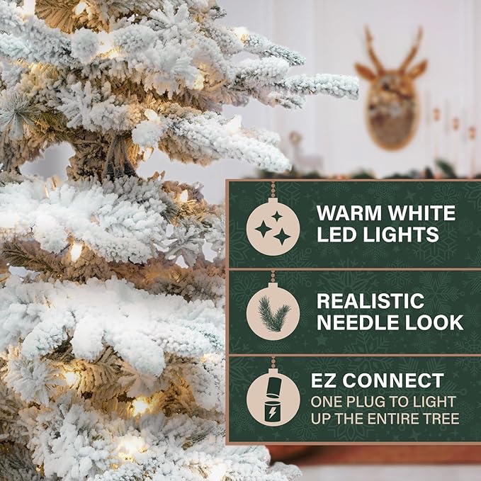 Fraser Hill Farm 10-Ft. Pine Valley Flocked Artificial Christmas Tree with White Incandescent Smart Lights and Stand, Prelit Foldable Fake Tree with Realistic Snowy Foliage for Home Decoration