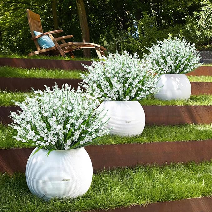 20 Bundles Artificial Lavender Flowers for Outdoors Fake Silk Flowers Faux Plants UV Resistant for Indoor Outside Spring Porch Garden Window Table Box Office Home Decorations, White