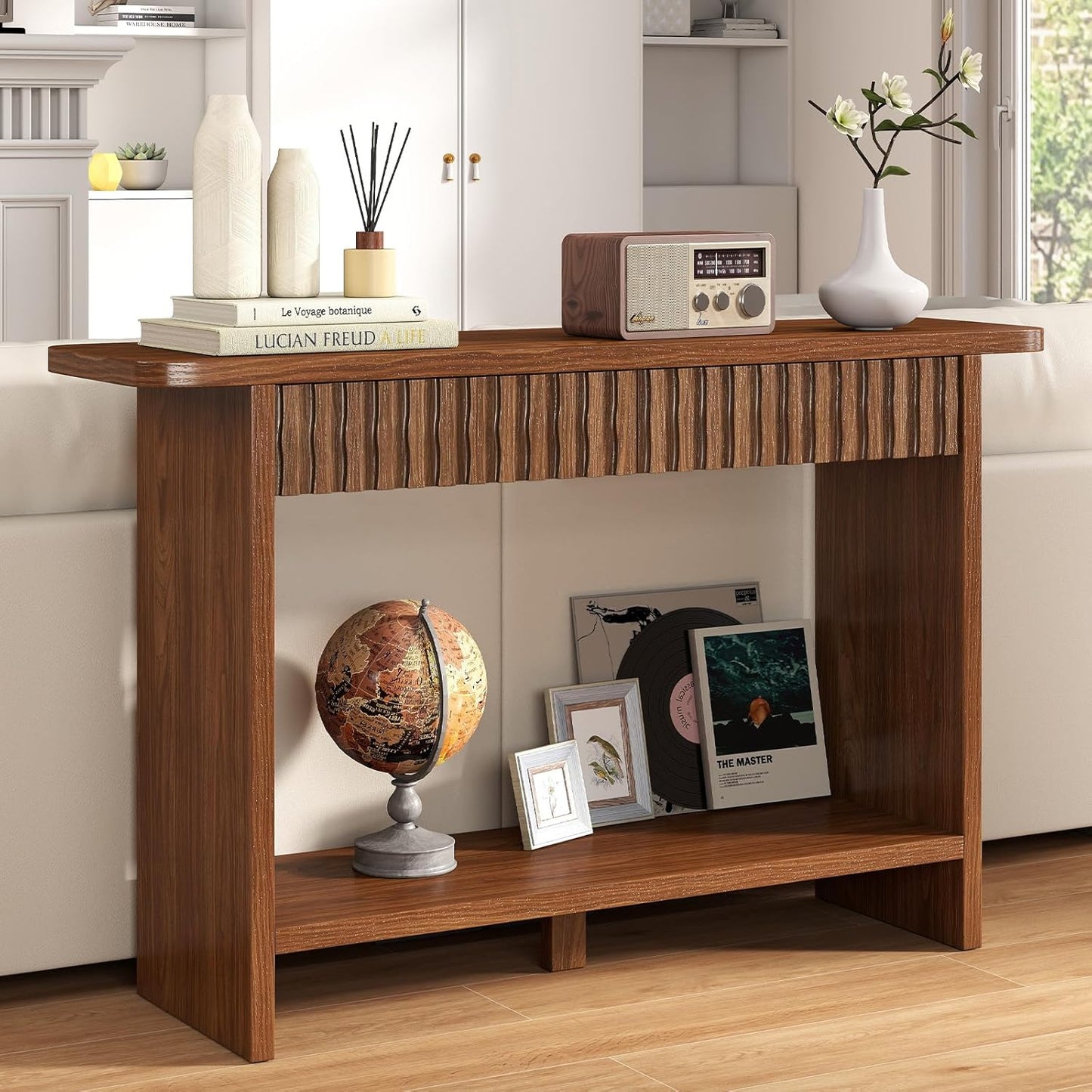BECHAEO Mid Century Modern Console Table with Drawers, 51" Large 2-Tier Narrow Console Table with Storage Shelf, Sofa Station Behind The Couch, Accent Tables for Entryway, Hallway, Rustic Brown