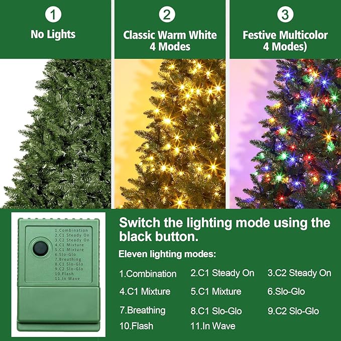 6 FT Pre-Lit Artificial Christmas Tree with 250 Warm White & Multi Lights - 1000 Branch Tips Hinged Spruce for Indoor Outdoor Home Christmas Decorations