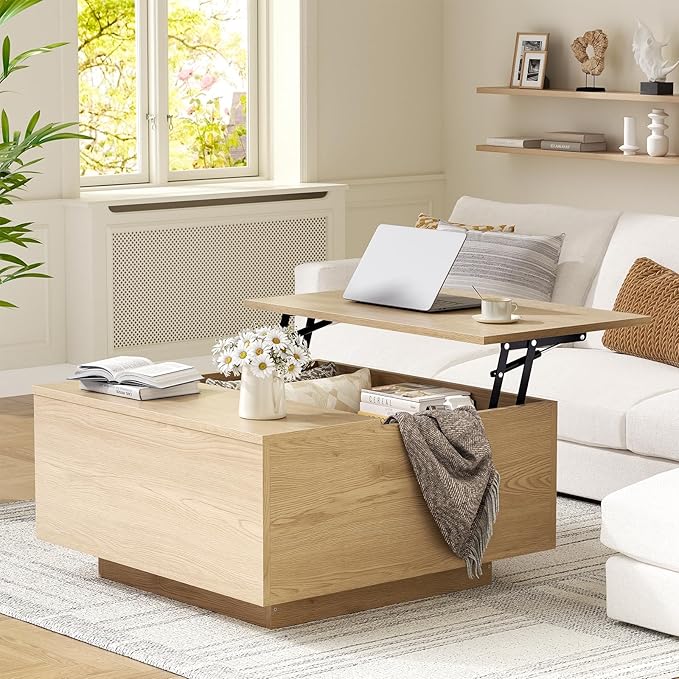 FABATO Lift Top Coffee Table, Wood Square Coffee Table with Storage, Farmhouse Coffee Tables with Hidden Storage Compartment, Center Table with Lifting Tabletop for Living Room, Home Office, Natural