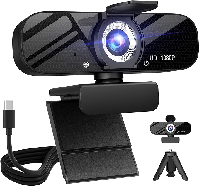 Tewiky Full HD Webcam with Built-in Microphone and Rotatable Tripod, 1080P Video and Wide Angle Camera, Privacy Cover, for Desktop PC or Laptop Computer