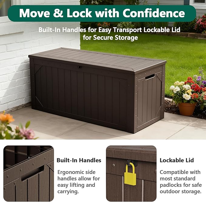 Outdoor Storage Box, 100 Gallon Deck Box Outdoor Storage Bench Outside Waterproof Resin Storage Bench, Lockable Patio Cushions, Garden Tools Storage For Furniture, UV Resistant (Brown)