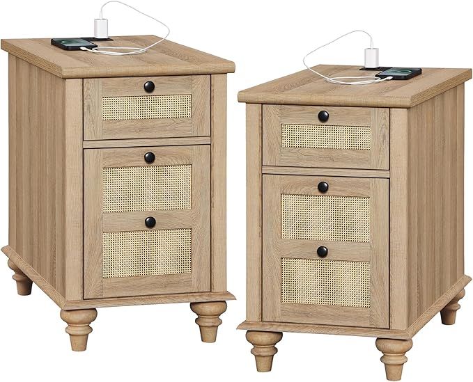 WAMPAT 2 PCS End Tables with Charging Station, Farmhouse Bedside Table with Solid Wood Leg, Rattan End Table with Storage Drawer & Power outlets USB Ports for Bedroom, Living Room