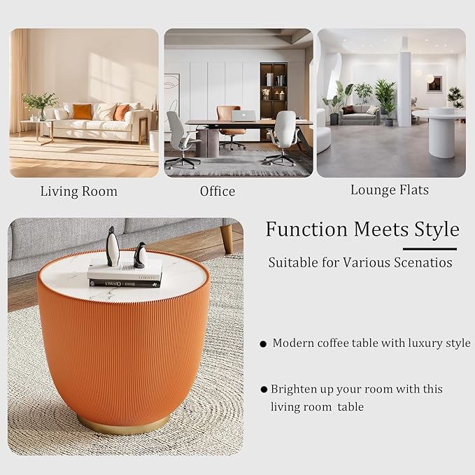 Round Living Room Table Set, 27.56" Black Drum Center Table and 19.69" Orange Coffee Table Set, 2 Pieces Coffee Table Set with Sintered Stone Tabletop, Fluted PU Leather Covered and Metal Base