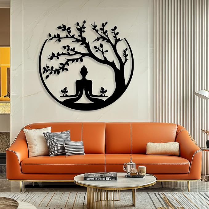 Buddha Tree of Life Metal Wall Decor, Metal Buddha Wall Art, Tree Metal Wall Decor, Tree of Life Wall Art, Zen Meditation Wall Art, Spiritual Wall Decor for Living Room, Home Decor (Black, 28"x26" | 70x67cm)