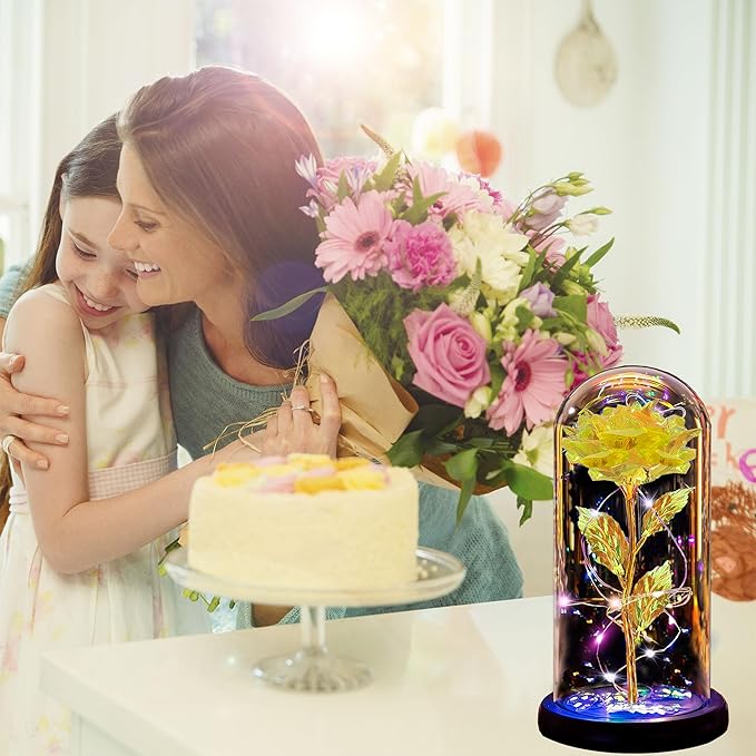 Christmas Rose Gifts for Women Mom, Womens gifts for Christmas, Glass Flower Gifts for Sister, Rose Enchanted Crystal Flower Gift Light Up in Glass Dome,Birthday Gift for Women Wife Yellow Gold