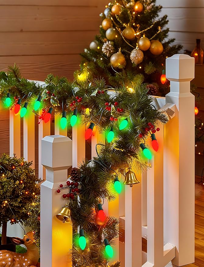 C9 LED Christmas String Lights Outdoor, 25Ft Red and Green Vintage Christmas Lights with 26 C9 Red/Green Bulbs, Outdoor Hanging Patio Light for Xmas Tree Path Roofline Wedding Party Decoration