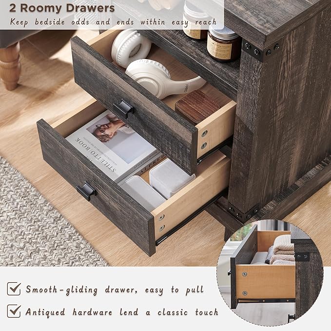 RedLemon Farmhouse Nightstand Set of 2 with Charging Station, 18" Rustic Night Stand with 2 Storage Drawers, Wood End Table for Bedroom, Living Room, Dark Rustic Oak