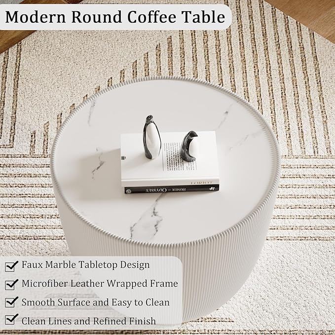19.69" White Round Coffee Table, Drum Coffee Table with Sintered Stone Tabletop and Fluted PU Leather Covered and Metal Base, Circle Cocktail Tea Table for Living Room