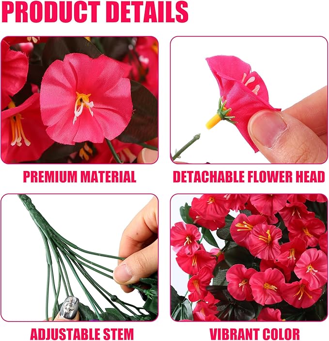 Sggvecsy Artificial Fake Hanging Flowers Plants for Outdoor Outside Spring Summer Decoration 4PCS Faux Silk UV Resistant Realistic Morning Glory Trailing Vines for Home Porch Patio Balcony(Rose red)