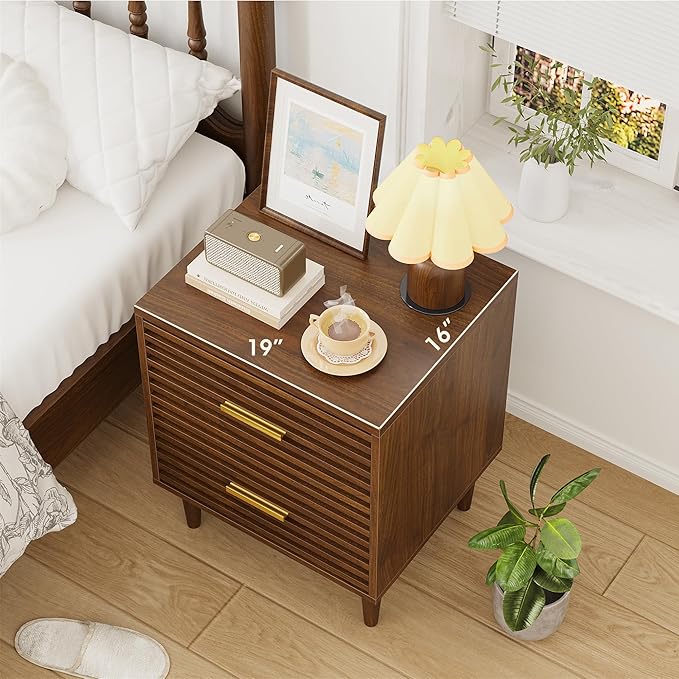 Alohappy Nightstand, Mid Century Modern Night Stands, Fluted Bedside Table for Bedroom, End Table with Storage Drawers, Vintage Bed Side Table Wood Accent Table for Living Room, Brown 1pc