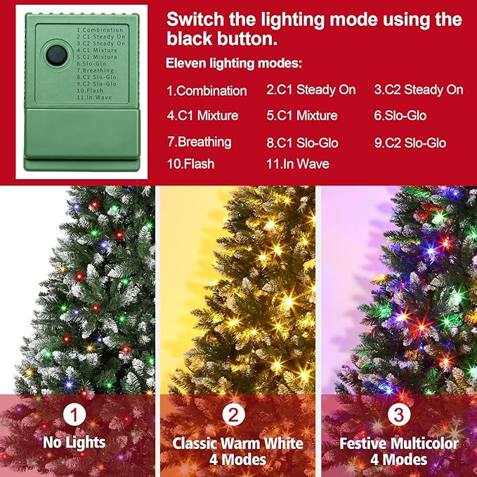 6 FT Prelit Artificial Christmas Tree with 250 Dual-Color LED Lights, 11 Modes Timer, 800 Snowy Tips - Easy Assembly Xmas Tree for Indoor/Outdoor Home Christmas Decorations