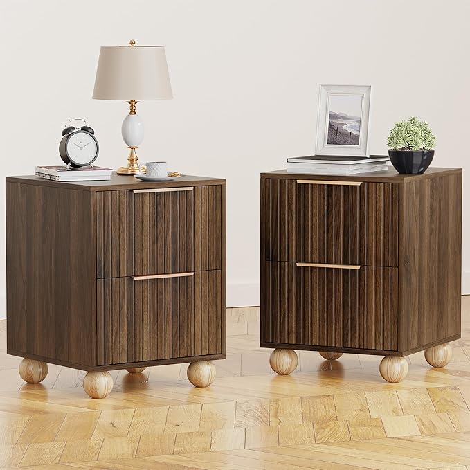 Fluted Nightstand Set of 2, Walnut Finish Bedside Table with Spacious Storage Drawers, Night Stand with Solid Wood Round Legs for Bedroom, End Table, Side Table