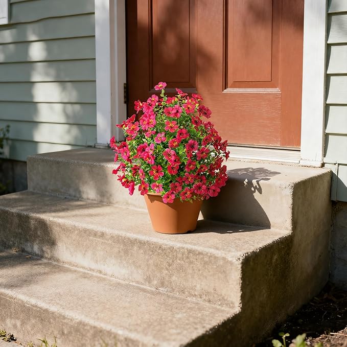 2Pcs 21" Artificial Boxwood Topiary Ball with Flowers Plants with Ground Spikes for Outdoor UV Resistant Realistic Fake Bushes Plants for Garden Yard Front Porch Patio Decor (Violet Rose red)