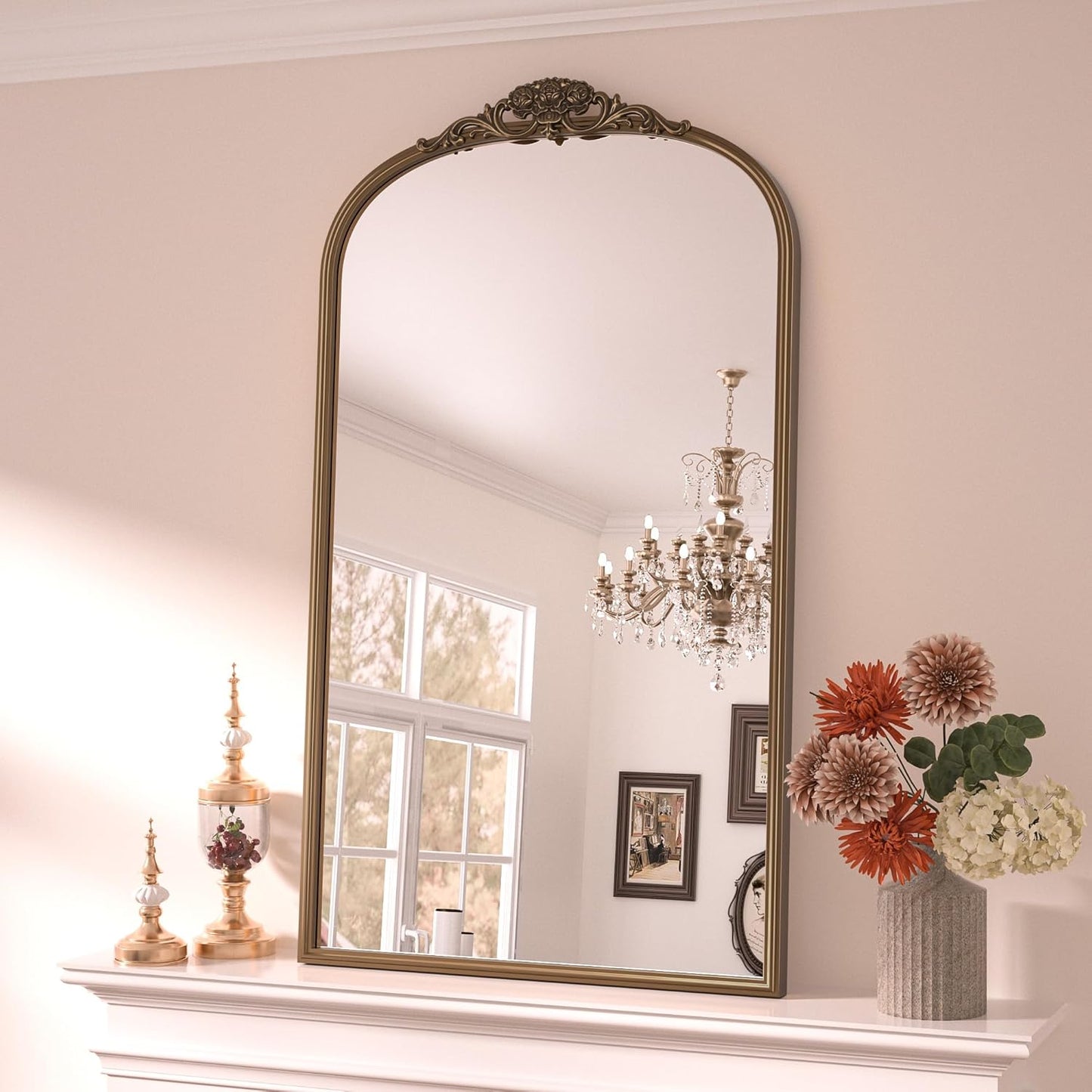 Keonjinn Vintage Gold Mirror 24" x 40", Large Mirror Decorative for Wall, Antique Bathroom Mirrors, Ornate Brass Mantle Mirrors, Baroque Decor for Entryway, Hallway, Living Room, French Cleat Mounting