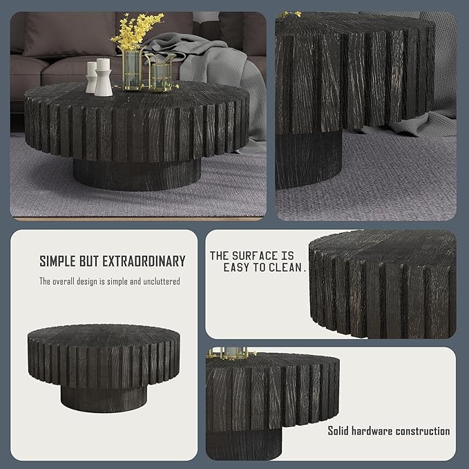 WILLIAMSPACE 31.4" Round Coffee Table for Living Room, Modern Wood Drum Center Table, Accent Side Tea Table for Apartment, Natural Wood Texture, Stable & Durable, Easy to Assemble - Black