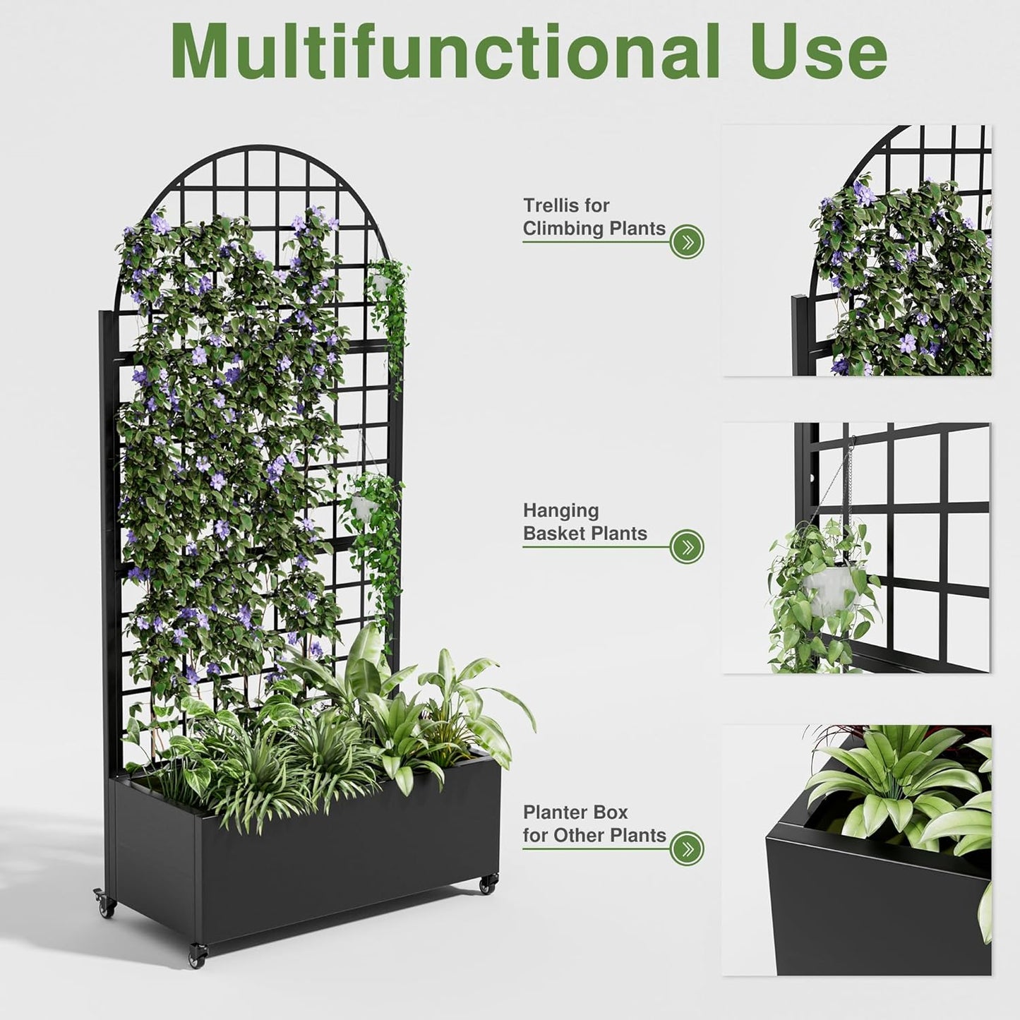 Casaphoria Metal Raised Garden Bed with Trellis and Wheels, 72"x35"x16" Arched Planter Box for Climbing Plants, Vegetables & Vines, Features Drainage Holes and Privacy Screen (Black-Grid)