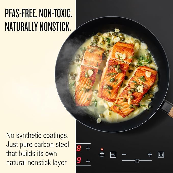 Alva Forest 11" Carbon Steel Frying Pan – Naturally Nonstick, Pre-Seasoned, with Acacia Wood Handle, Made Without PTFE, PFOA, PFAS – Sustainable Belgian Design, Induction & All-Stovetop Safe
