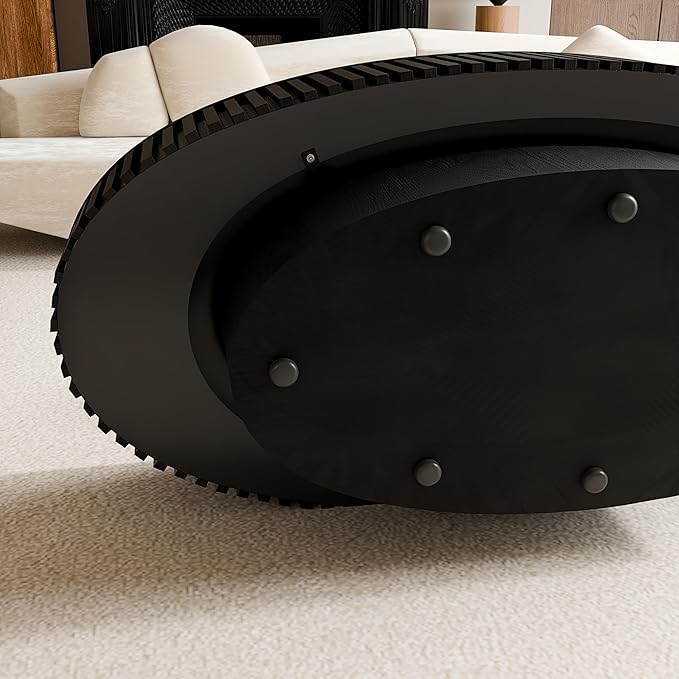 47" Oval Coffee Table with Hidden Storage Compartment, Modern Handcraft Fluted Drum Coffee Table, Wooden Oval Center Table Cocktail Tea Table with Sturdy Pedestal for Living Room, Black