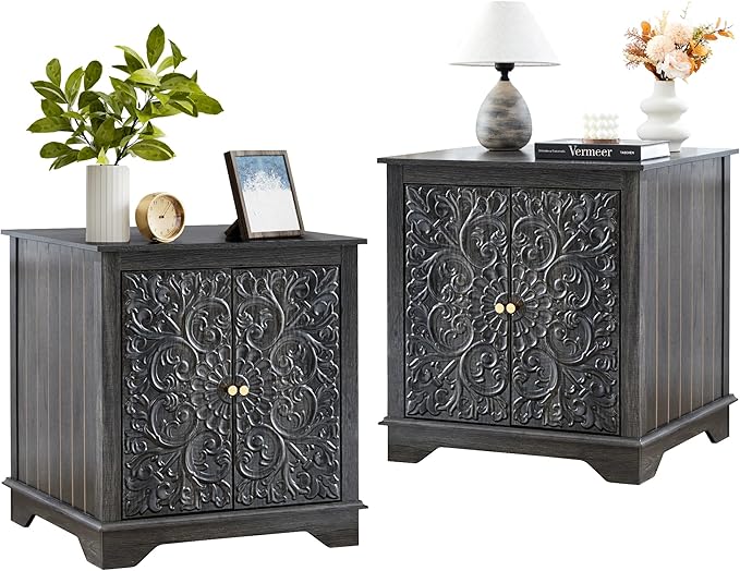 End Table Set of 2, 24" Farmhouse Nightstand with Carved Floral Door & Adjustable Shelf, Square Wooden Sofa Side Table with Storage for Living Room Bedroom (Antique Black-Brown)