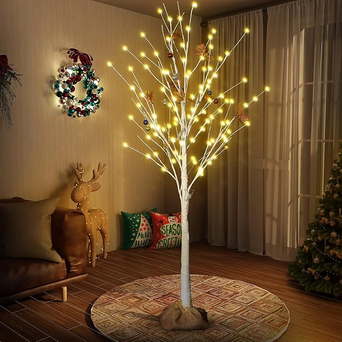 AWQM 4 Feet 5 Feet and 6 Feet Lighted Cherry Blossom Tree, Pack of 3, 200 LED Lights 24 Maple Leaves 24 Balls, for Home, Festival, Party, and Christmas Decoration, Indoor and Outdoor Use (White)