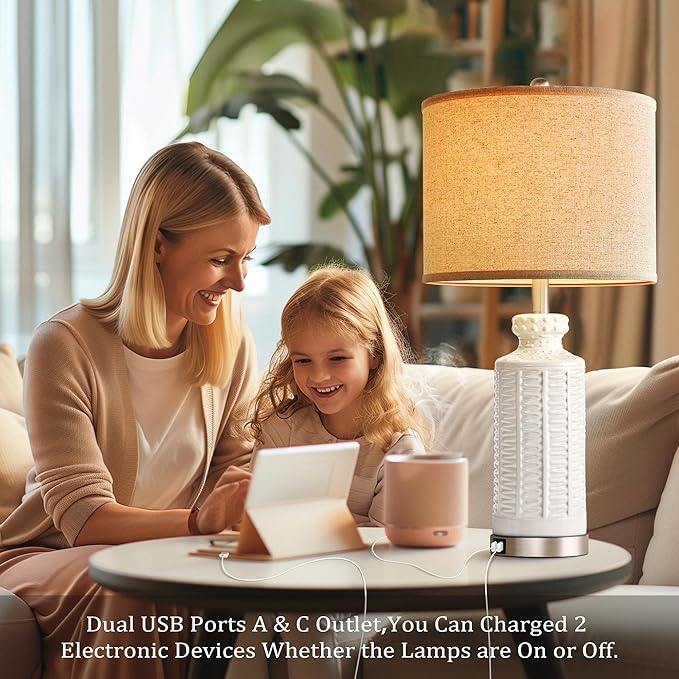 28" White Table Lamps Set of 2, Ceramic Lamps for Living Room with 2 USB Charding Ports, Modern Bedroom Lamps for Nightstand, 2 LED Bulbs Included