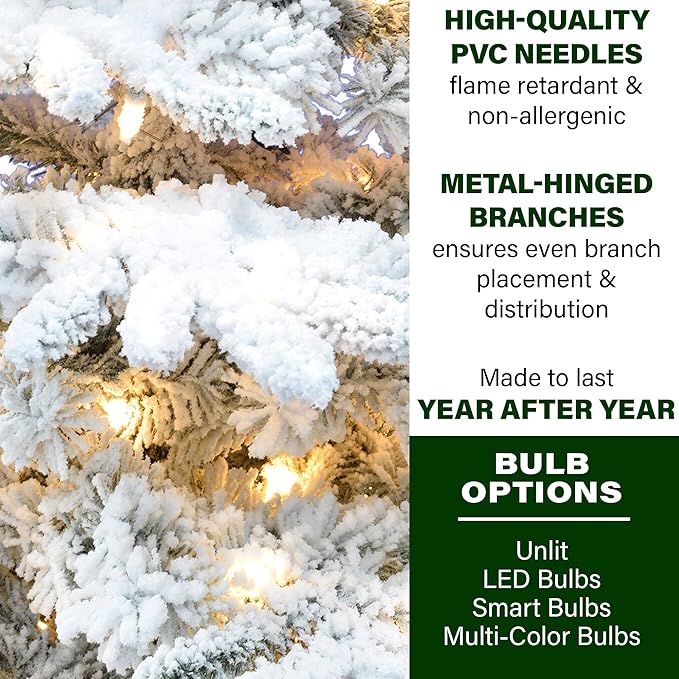 Fraser Hill Farm 7.5-Ft. Pine Valley Flocked Artificial Christmas Tree with Dual Multicolor & Warm White LED Lights, Prelit Foldable Fake Tree with Realistic Snowy Foliage for Home Decoration