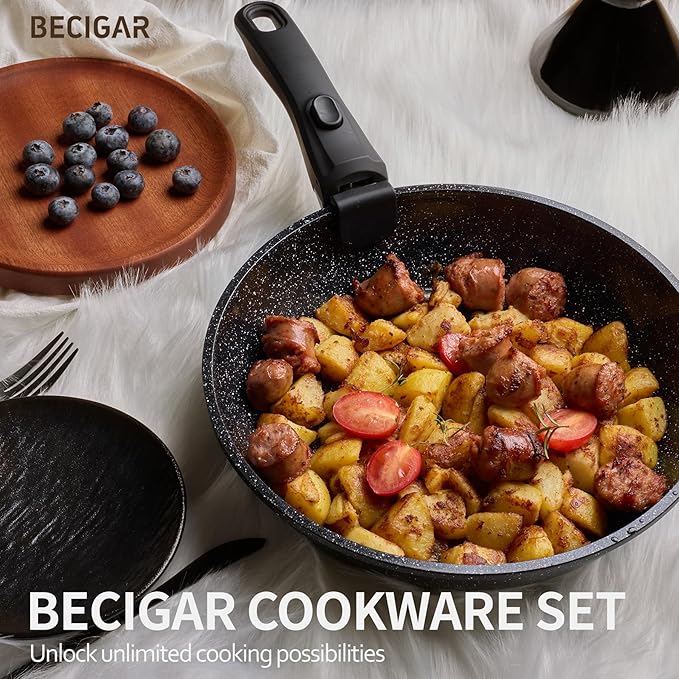 23PCS Ceramic Nonstick Cookware Set, Nonstick Detachable Handle Ceramic Cookware, Induction Kitchen Cooking Set with Removable Handle,include Frying Pans & Saucepans Oven Safe(Black)