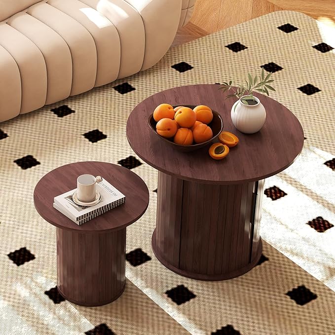 COSVALVE Round Wood Fluted End Table, 15.7“ Circle Farmhouse Side Table Sets for Living Room, Bedroom, Balcony, Small Spaces, Walnut