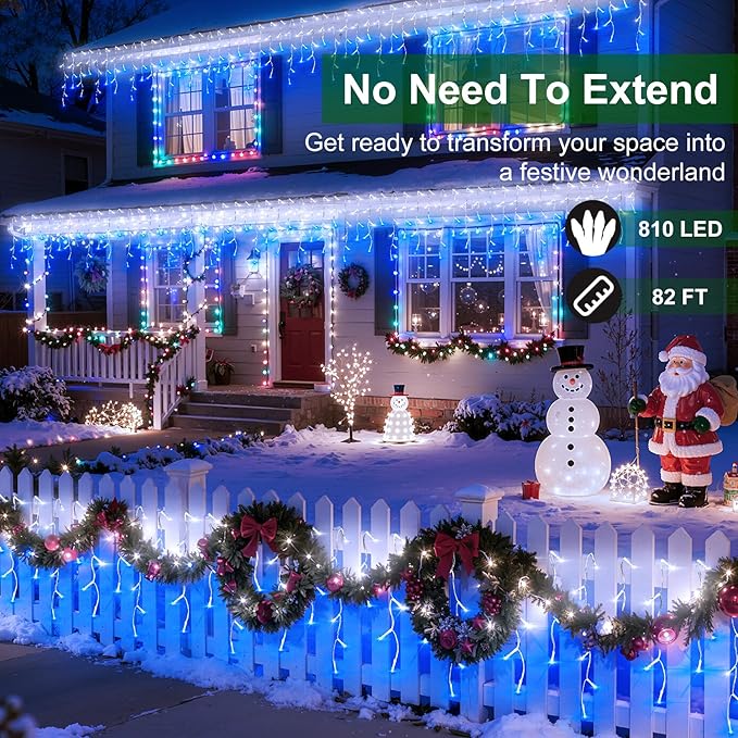 810 LED Christmas Lights with 180 Drops, 82ft 12 Modes Blue and White Fairy String Lights with Timer Dimmable, Waterproof Twinkle Lights for Christmas Indoor Outdoor Holiday Wedding Party Eaves Decor