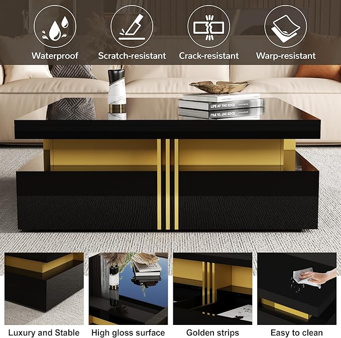 Merax 43.3" Modern Glossy Square Storage Coffee Table with 4 Drawers, Gold Accents, Functional Center Tables for Living Room Apartment, Glossy Black