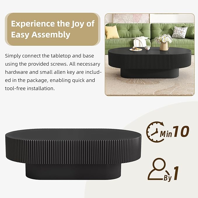 WILLIAMSPACE 43.3" Oval Coffee Table with 6.8" Thick Tabletop & Sturdy Base, Modern Drum Center Table Accent End Tea Table for Living Room, Minimalist Fluted Design, Easy Assembly, Black