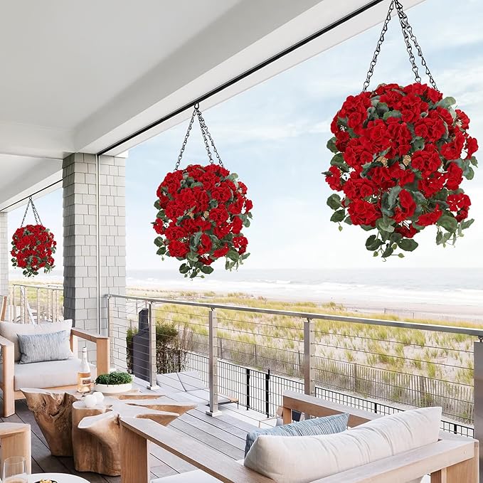 Artificial Geranium Flowers for Outdoors – 4 Bundles of Red Silk Flowers with Hanging Vines, Fake Christmas Plants for Front Door Garden Porch Planter Patio Balcony Yard Indoor Home