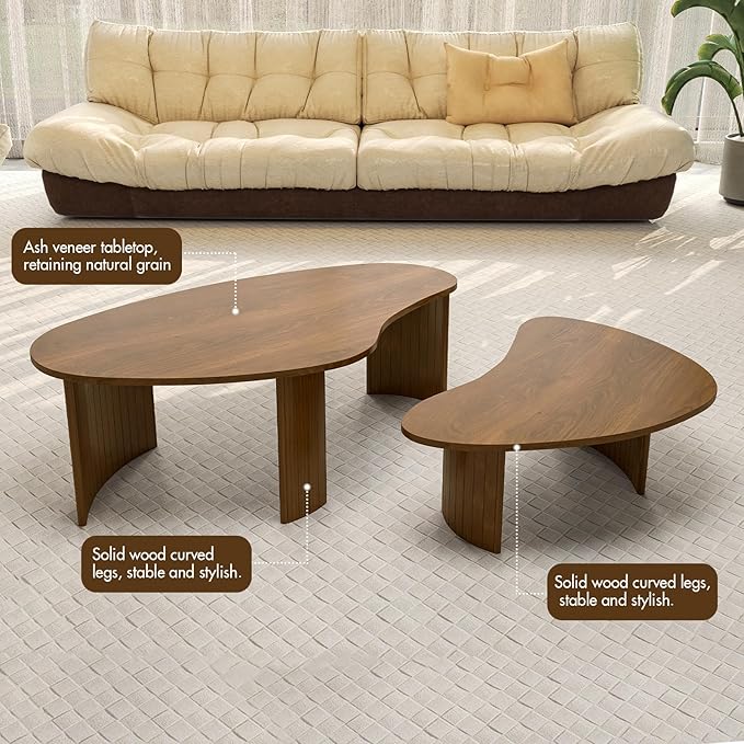 Mid Century Modern Coffee Table Set of 2, Nesting Coffee Tables with Wood Grain Veener, Fluted End Table for Living Room, Farmhouse, Walnut