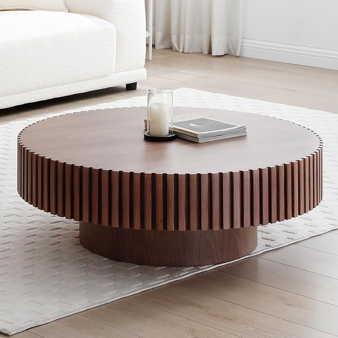 31.49" Round Wood Coffee Table for Living Room Circle Pedestal Coffee Table Mid Century Modern Fluted Accent Table for Apartment Easy Assembly (Walnut,Round+Ø31.49"x13.97")