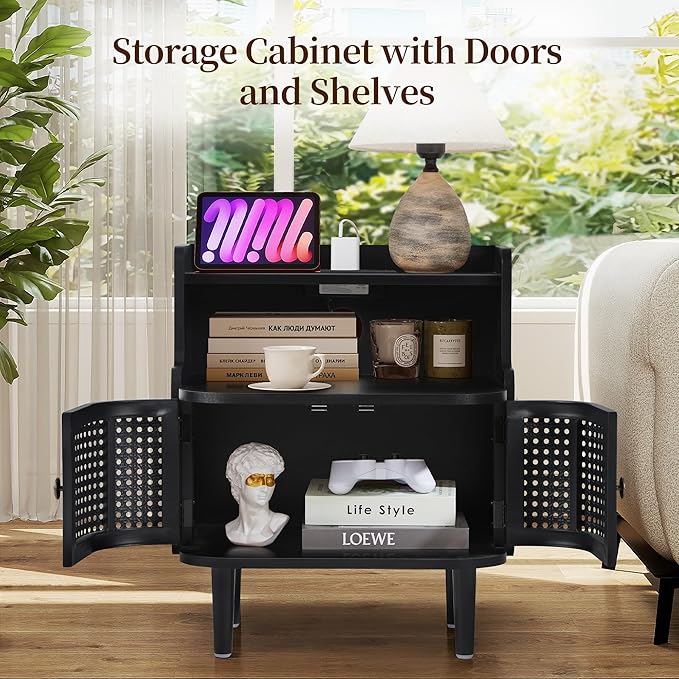 Metal Rattan End Table with Charging Station, Mid Century Modern Nightstand with 2 Doors, Bed Side Table with Storage for Couch,Living Room,Small Spaces, Sofa Side Table for Office,Dorm - Black