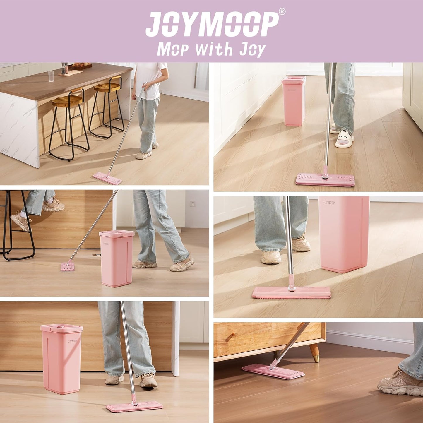 JOYMOOP Flat Mop Pads, Microfiber Mop Cleaning Pads, Washable Pads, Pads Replacement for Flat Mop or Mop Bucket Set, Pack of 4 Refills 13inch - Pink