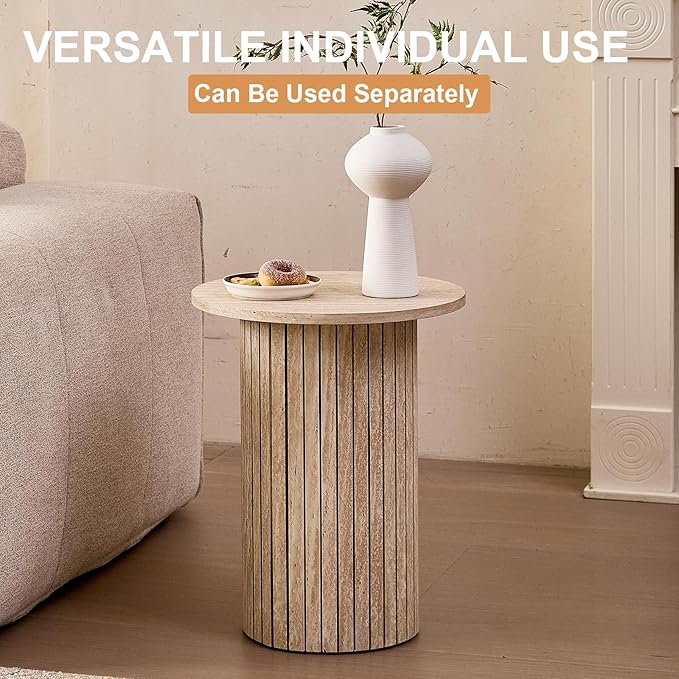 Round Nesting Coffee Tables Set of 2 -φ27.6 Large Short + φ15.8 Small Tall Boho Circle Side Tables with Fluted Drum Design, Beige