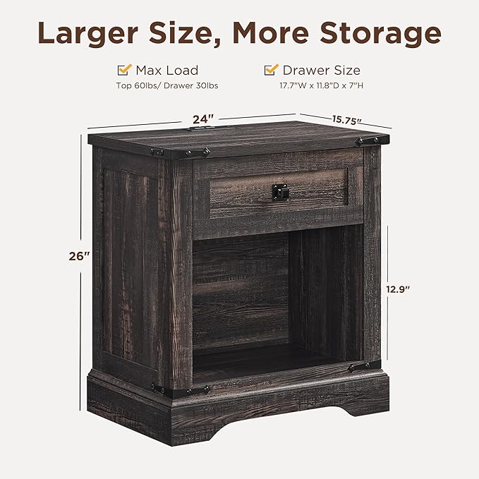 T4TREAM 24" Farmhouse Nightstand with Charging Station, Large End Table with Drawer and Open Storage Cabinet, Rustic Wood Bedside Table Sofa Table for Bedroom, Dark Rustic Oak