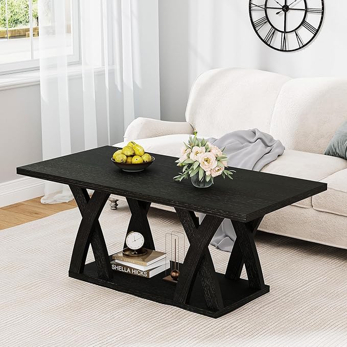 47” Farmhouse Coffee Tables for Living Room Rustic Stands with Storage Shelf Black Coffee Tables for Living Room Farmhouse Center Stands with Shelf Wood Rectangle Center Table