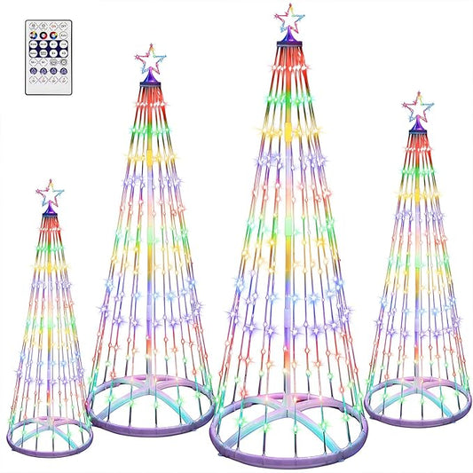 4 Pack 4/5/6/7 ft Christmas LED Cone Tree Lights Outdoor Decorations 24 Modes Color Changing with Timer Foldable Lighted Yard Trees Waterproof String Lights Holiday for Christmas New Year Xmas
