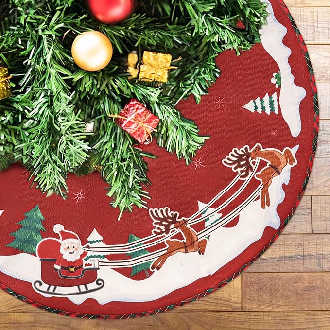 36 Inch Christmas Tree Skirt, Burlap Xmas Tree Mat with Snowflake & Reindeer, Red and White Rustic Xmas Tree Skirt Christmas Decorations for Party Indoor Merry Christmas Base Cover for Tree