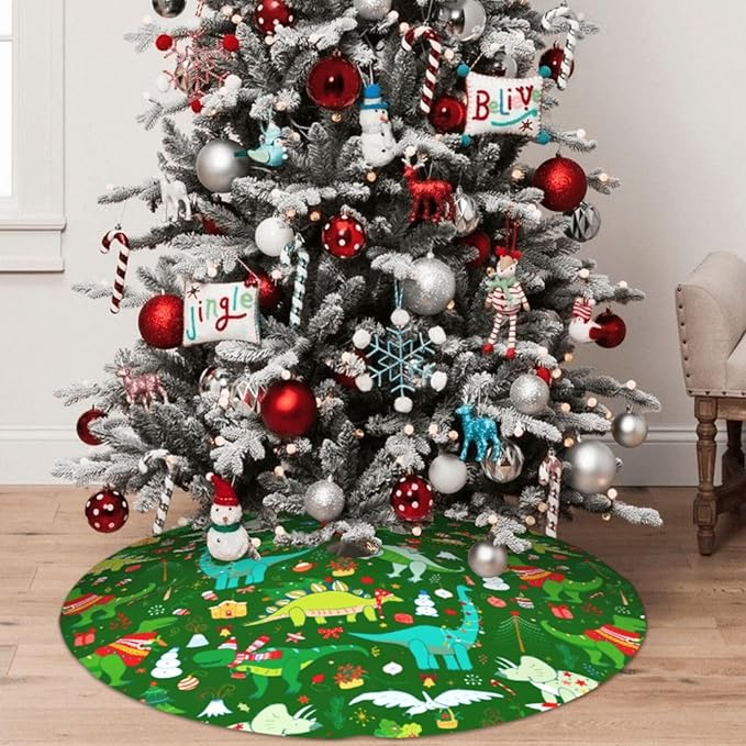 Cute Christmas Dinosaur Christmas Tree Skirt 36 Inches Animal Tree Skirt Xmas Tree Mat Holiday Party Supplies Christmas Tree Decorations