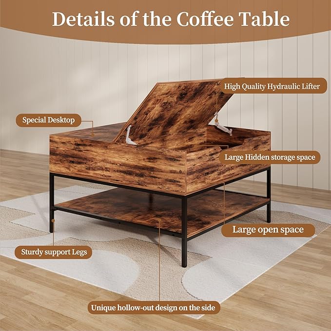 AQY 31.5" Flip Top Coffee Table with Storage, Square Coffee Tables for Living Room, Modern Farmhouse Heavy Duty Coffee Table with Large Hidden Compartment and Storage Shelves,Assembly Required