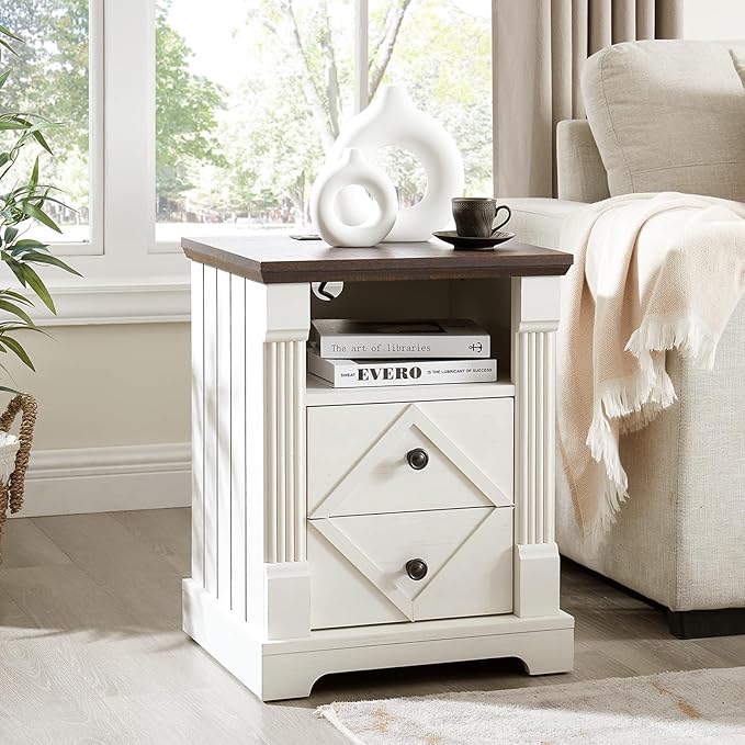 Nightstand with Charging Station, Rustic 18 Inch Farmhouse End Table with Barn Door, Wood Sofa Side Table with 2 Storage Drawers for Living Room, Bedroom, Entryway (Antique White 2pcs)