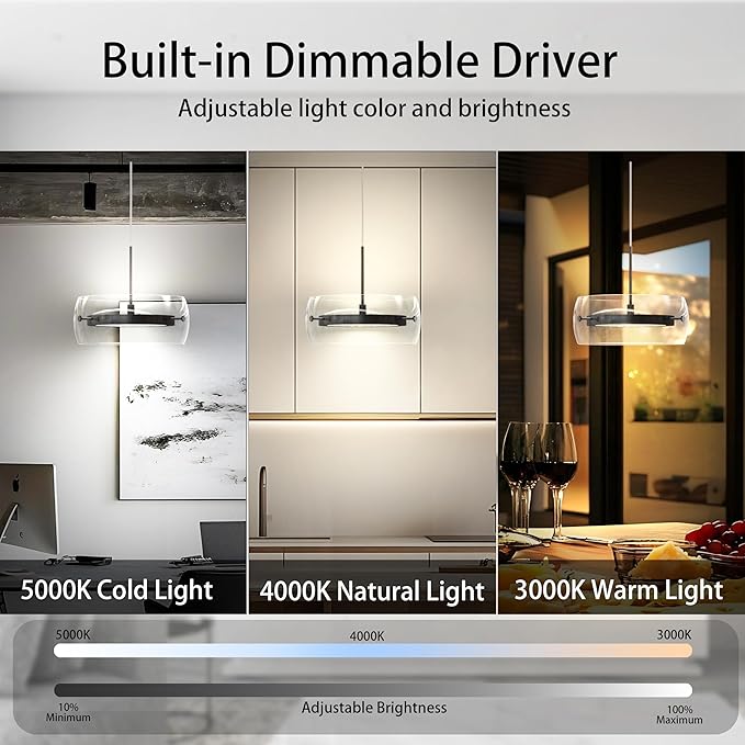 Pendant Lights Kitchen Island Dual-Sided LED Lighting, Adjustable Hanging Length,Clear Glass Shade, Dimmable, Modern Ceiling Light Fixture for Dining Room, Bar, Living Room, Matte Black