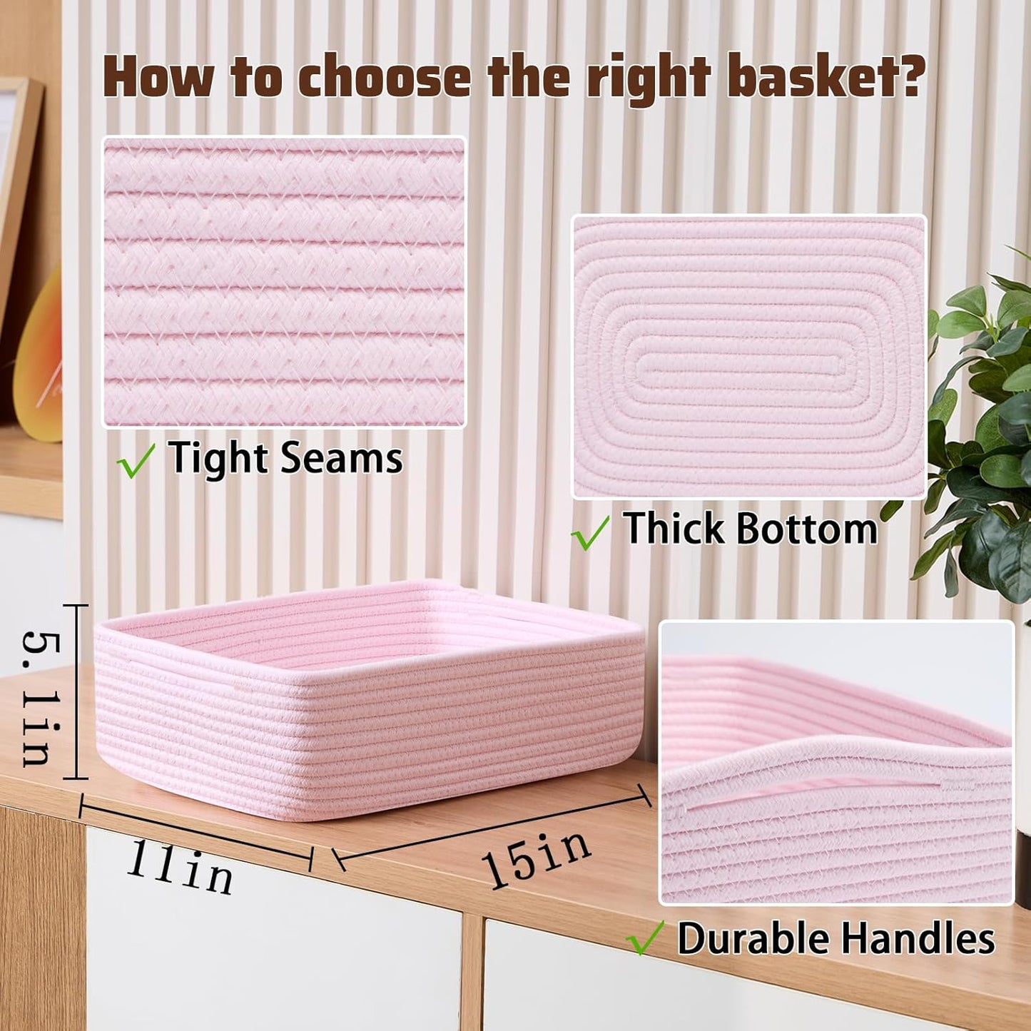 Large Shallow Organizing Baskets 15x11x5.1 Inches - Rope Woven Storage Bins for Bathroom, Shelves, Cube Closet, Light Pink 2 Packs