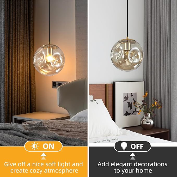Modern Amber Concave Glass Pendant Light, Kitchen Island Lighting Single Globe Pendant Light Fixtures Century Kitchen Island Pendant Lighting for Bedroom Living Dining Room Light （Without Bulb）